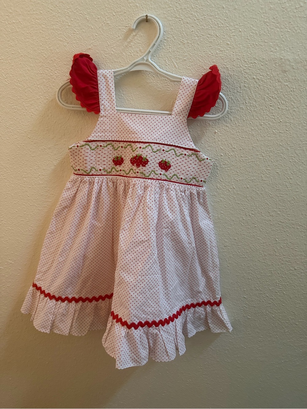 White & Red Strawberry Smocked Girls' Dress